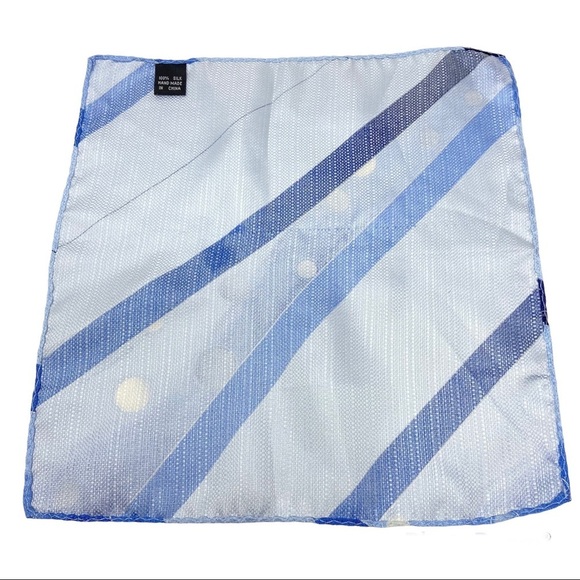 Men’s Suit Pocket Square 100% Silk Blue Stripes And Circle Pattern. - Picture 3 of 4